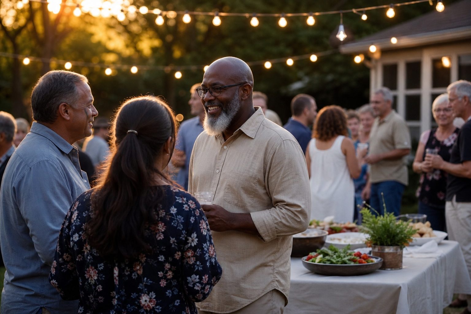 Evening community gathering with warm lighting